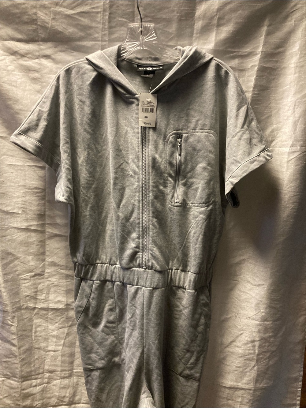 Ashley Stewart Gray Short-Sleeve Hooded Zip-Front Jumpsuit